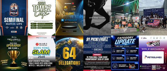 A collage of August 2026's tracked tournament posters, from Kota Bharu and the Asia Pickleball Junior Open to the Heineken Pickleball World Cup and the Hong Kong Slam.