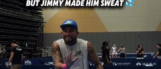 Tyson McGuffin after the 11-4, 11-4 singles win. The on-screen text reads "But Jimmy made him sweat".