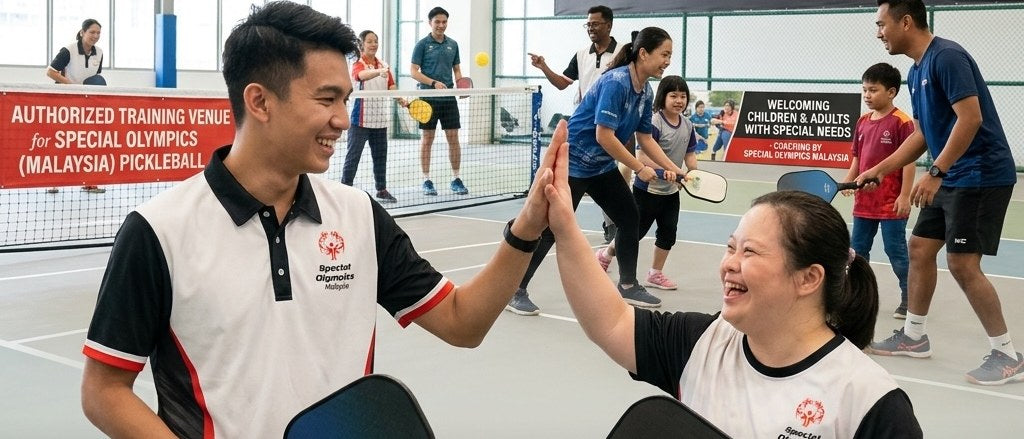 Special Olympics Malaysia athletes and coaches on court at Stadium Pickleball KWC