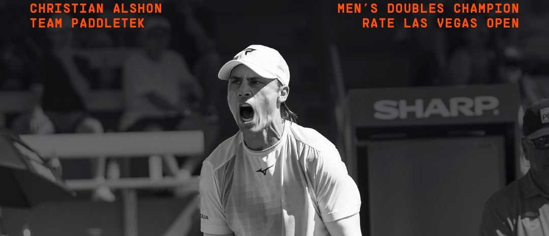 Christian Alshon, the Rate Las Vegas Open men's doubles champion, in Team Paddletek's winners' graphic.
