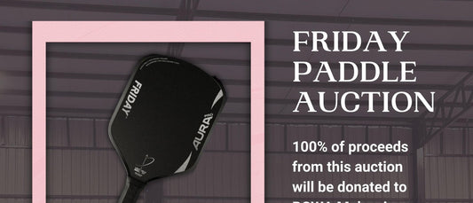 Friday Paddle Auction poster for the Friday Aura Pro Elongated paddle, with all proceeds to BCWA Malaysia
