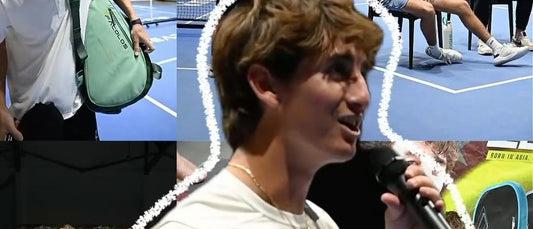 Gabe Tardio, on the cover of PickleGO's clinic reel, which mixes on-court coaching, a stage chat and signing moments.