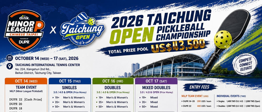 The official 2026 Taichung Open poster, listing the full schedule, divisions, and entry fees.