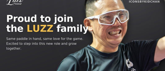 An official Luzz Pickleball graphic announcing Kid Chan as a brand ambassador, showing him holding a Luzz paddle in his ICONS by KidChan Pickleball jersey.