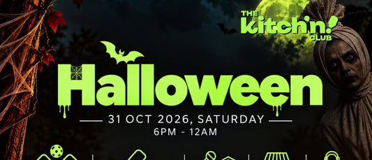 The Kitch'n Club's Halloween Party 2.0 poster showing the 31 October date, time, and ticket pricing.