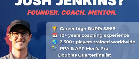 Josh Jenkins' PickleGO clinic bio slide listing his DUPR rating, coaching experience and quarterfinalist credentials
